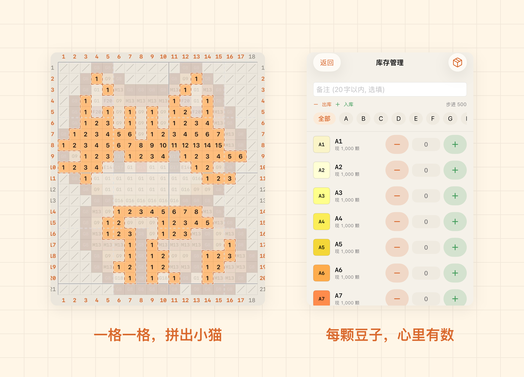橙豆:坐姿小猫拼豆图纸与豆仓库存管理